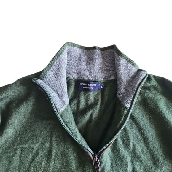 Filippo Riberti Wool Cashmere Quarter Zip Sweater Sz L Forest Green Italian Knit - Picture 4 of 11